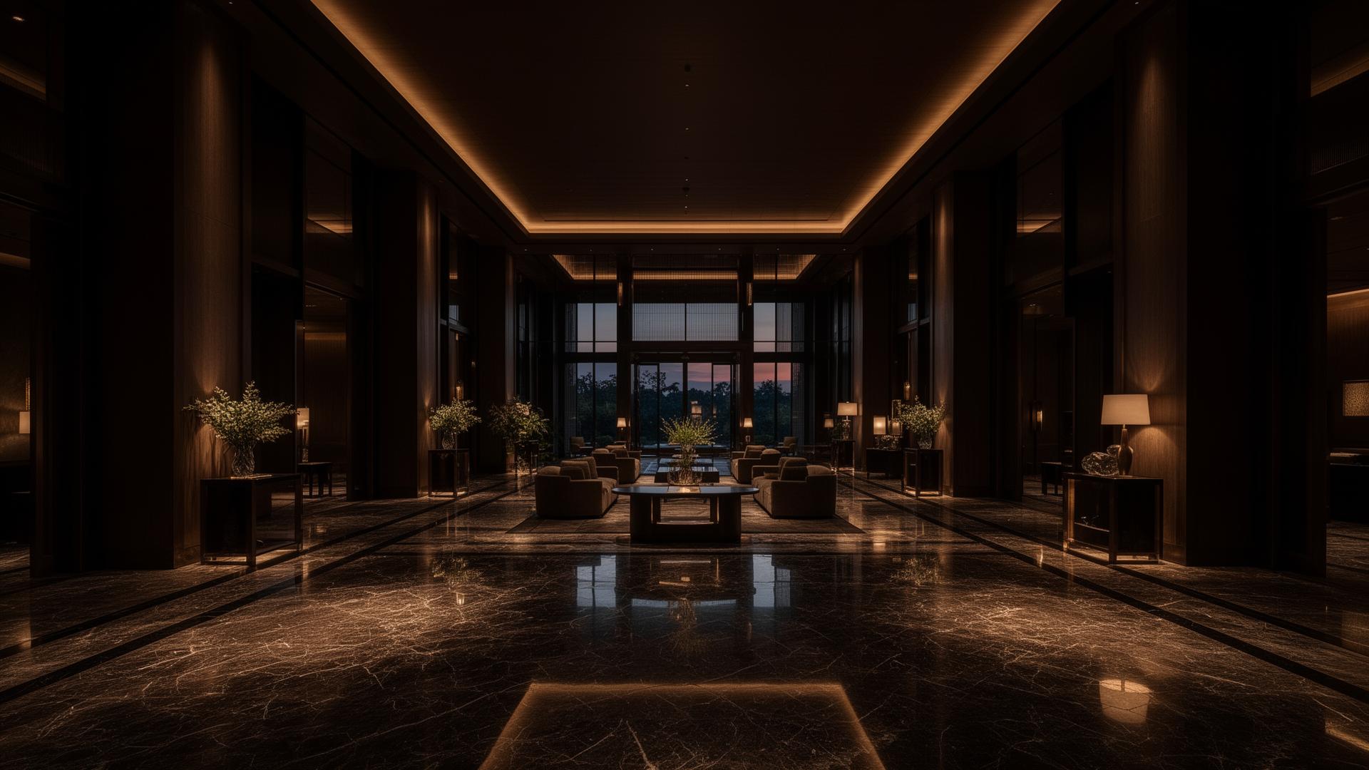 Cinematic luxury hotel lobby at dusk